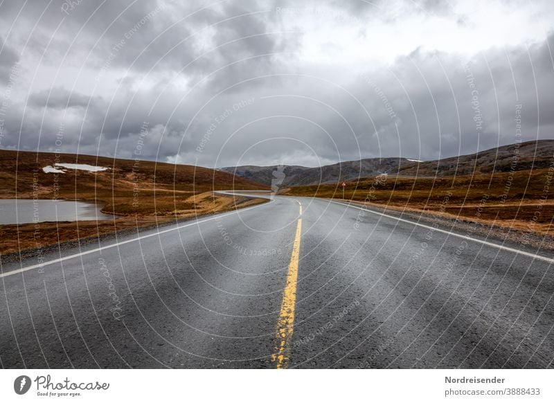 Einsame Landstraße in der Finnmark von Norwegen einsamkeit mystik kurve verkehr fjell gebirge hochgebirge varanger norwegen asphalt gras baumlos steppe abseits
