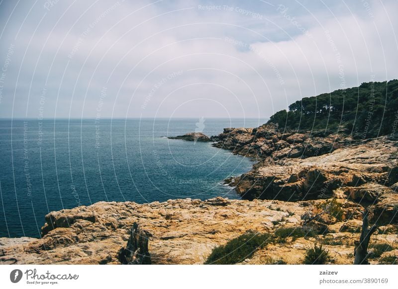 Landschaft an der Costa Brava in Katalonien, Spanien. Mit einem blauen Meer calella de palafrugell llafranc tamariu ohne Menschen im Freien Textfreiraum Top