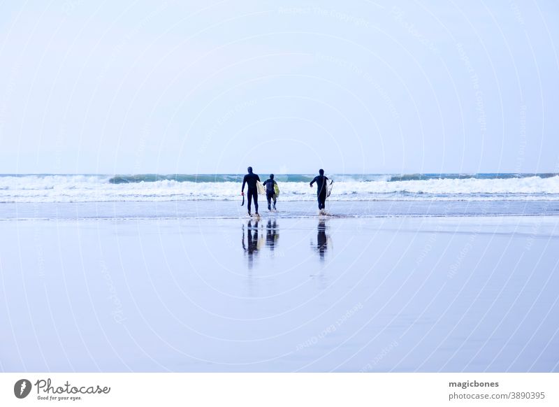 Surfer, die Surfbretter tragen und ins Wasser gehen in Cornwall, UK Strand Reflexion & Spiegelung nass Sand aktiv Großbritannien laufen Lifestyle Abenteuer