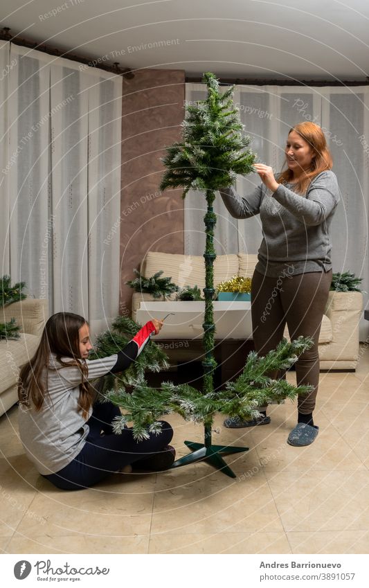 Mutter und Tochter beim Zusammenbau des Weihnachtsbaums in ihrem Wohnzimmer dekoriert Neujahr Spaß Feier Familie Mann heiter Weihnachten Hipster Kinder Glück