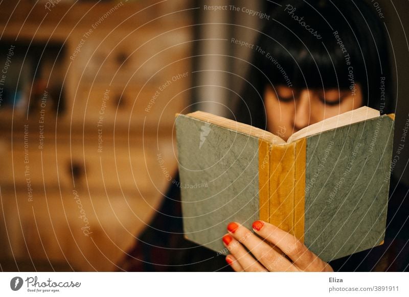 Eine Frau liest ein Buch lesen buch Zuhause Roman alt Lesestoff vertieft schmökern Bücher Tagebuch Notizbuch Literatur jung gemütlich alleine