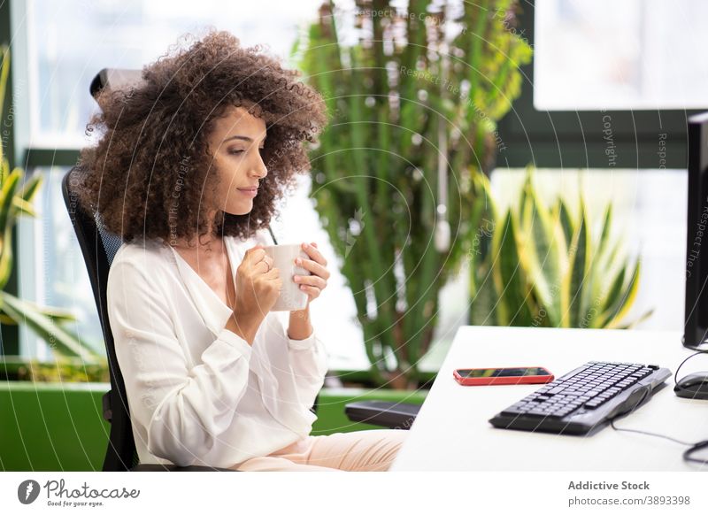 Geschäftsfrau mit Tasse Kaffee arbeiten im Büro Computer trinken Denken Arbeit Arbeitsplatz beschäftigt jung ethnisch hispanisch modern besinnlich nachdenklich