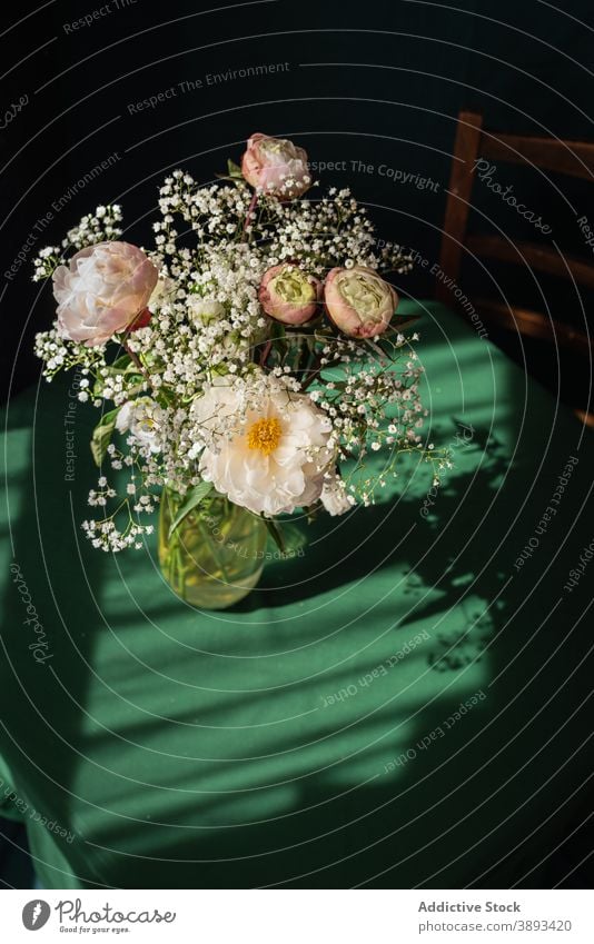 Vase mit Gypsophila und Pfingstrose Blumen auf dem Tisch Blumenstrauß Haufen rustikal filigran Angebot Glas rosa weiß elegant Blütezeit frisch geblümt Pflanze