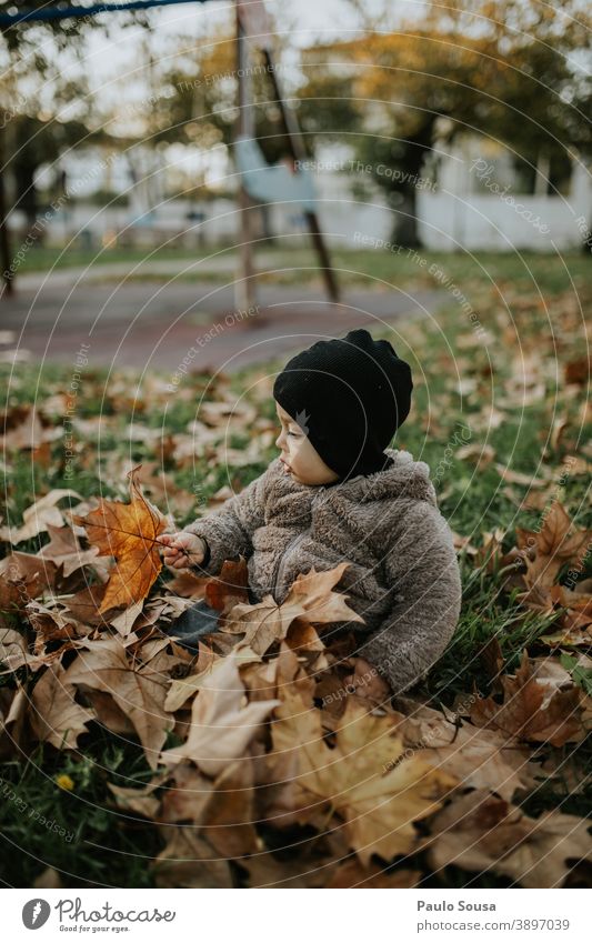 Kleinkind spielt mit Herbstblättern Kind Kindheit Kaukasier 1-3 Jahre Mensch Farbfoto Außenaufnahme Fröhlichkeit Glück Tag Lifestyle Freude authentisch