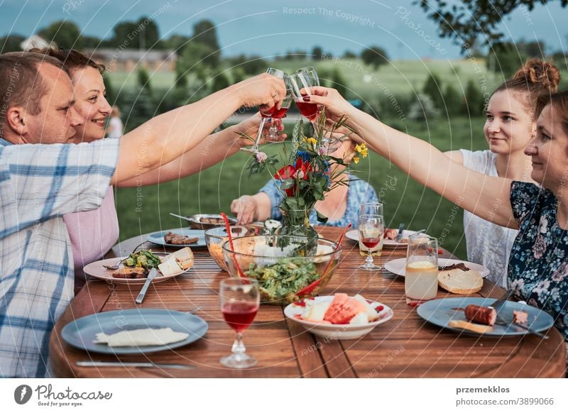 Familie macht Toast während des Sommerpicknicks im Freien beim Abendessen im Hausgarten heimwärts Festessen habend Picknick Lebensmittel Mann Zusammensein Frau