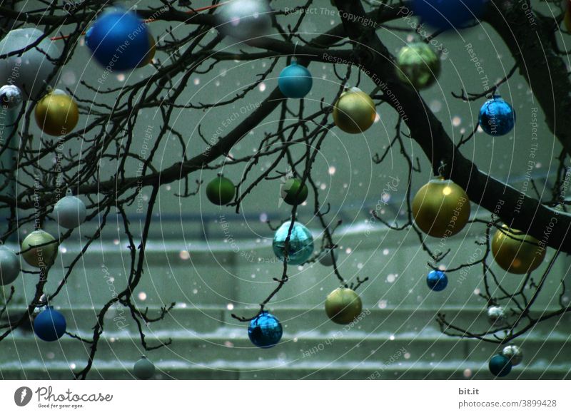 Christbaumkugeln im Schneefall. grün blau Baum Baumschmuck Christbaumschmuck Weihnachten & Advent Dekoration & Verzierung Tradition Weihnachtsdekoration