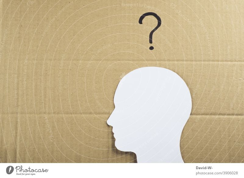 Mensch mit einem Fragezeichen über dem Kopf ? Zeichnung konzept Fragen Collage Denken Verwirrung unsicherheit Mann Gedanken