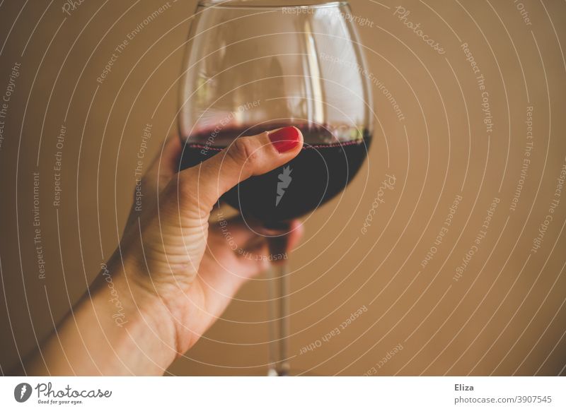 Weibliche Hand hält ein Glas Rotwein Alkohol Wein Prost trinken Weinglas Alkoholkomsum Frau Hintergrund neutral