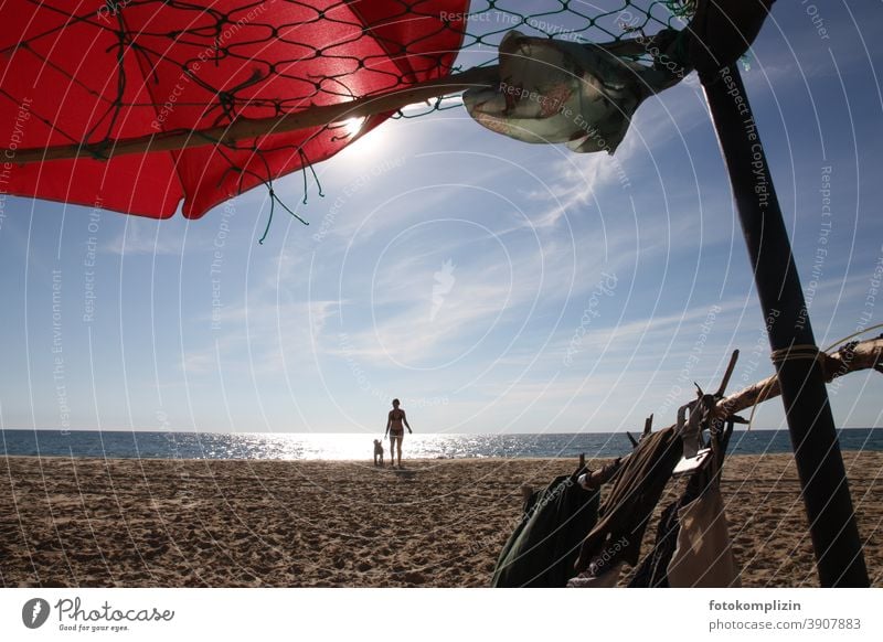 Strandleben: junge Frau mit Hund am glitzernden Meer Ferne Sonnenschutz heiß Strandurlaub Urlaub Erholung Sandstrand Einsamkeit Strandspaziergang Baden