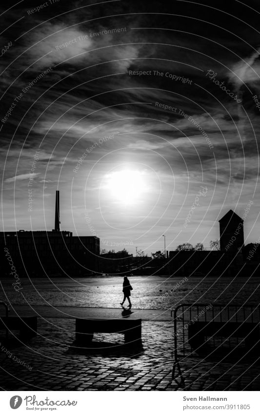 Frau im Licht geht spazieren Silhouette Spazieren Natur Außenaufnahme Spaziergang Erwachsene Schatten dunkel Gegenlicht minimalistisch Mensch gehen Wege & Pfade