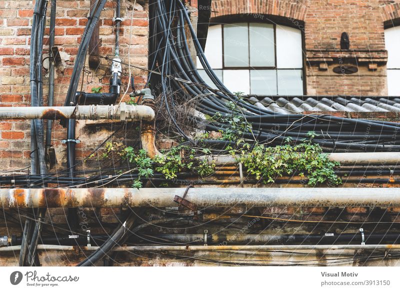 Rostige Rohre, Verkabelung und Unkraut auf dem Dach einer alten Fabrik urban industriell Ziegel Gebäude Kabel verwittert Struktur Architektur Vorderseite rostig