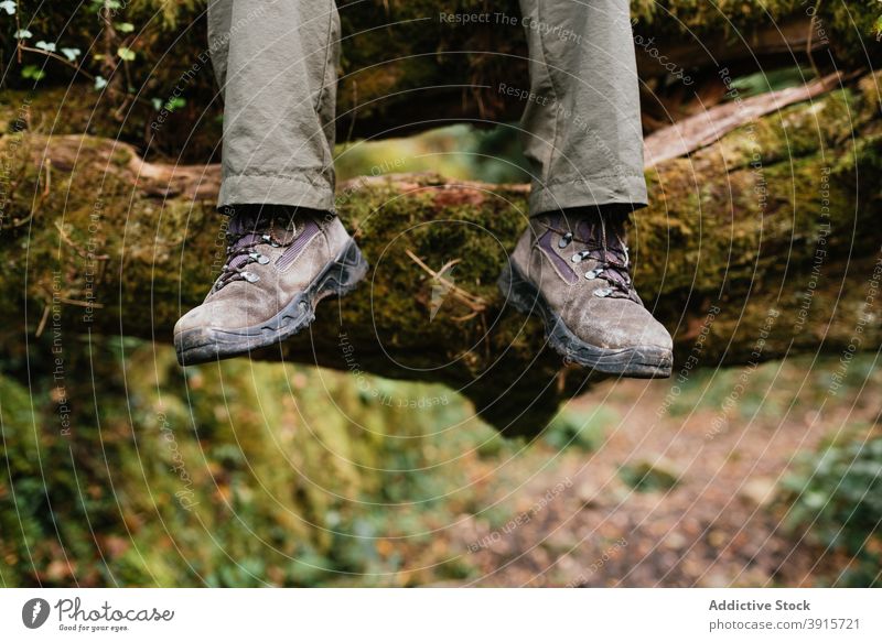 Crop-Reisender im Wald im Urlaub Stiefel Trekking Moos Entdecker Abenteuer Fernweh Schuhe Wälder Sommer Boden Tourismus Natur Wanderer Umwelt Harmonie erkunden