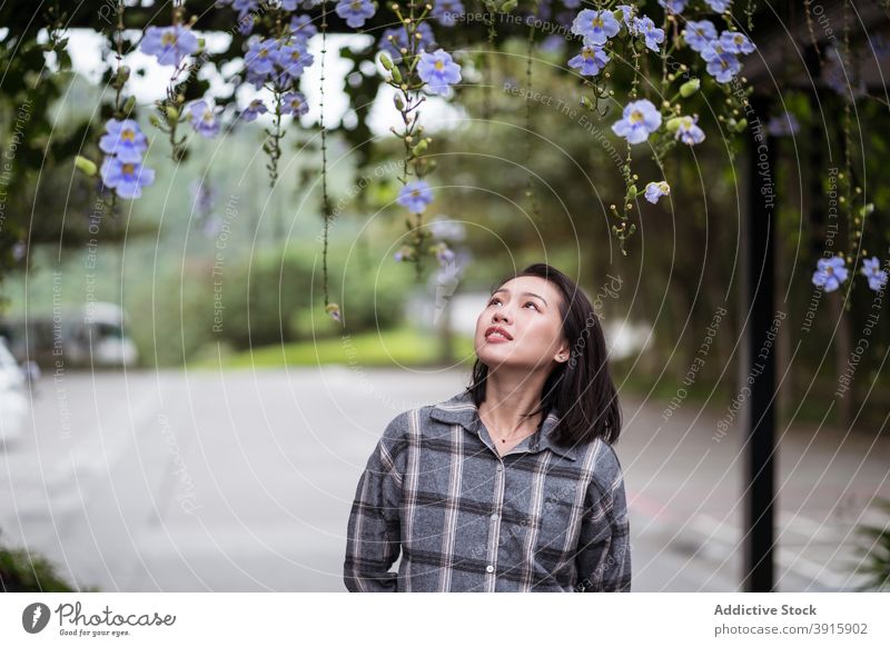 Lächelnde ethnische Frau im botanischen Garten Blume Park Angebot filigran Blütezeit genießen asiatisch Ostküste üppig (Wuchs) sanft Harmonie jung Natur Flora