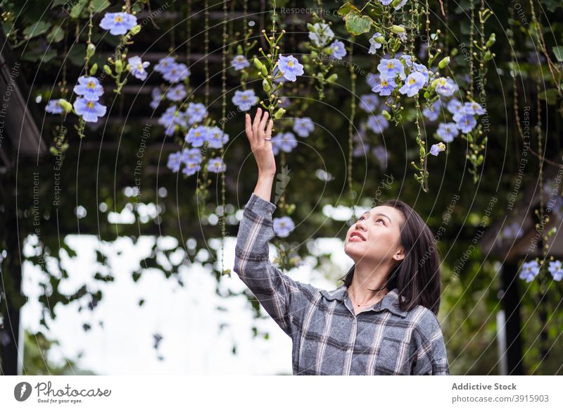 Lächelnde ethnische Frau im botanischen Garten Blume Park Angebot filigran Blütezeit genießen asiatisch Ostküste üppig (Wuchs) sanft Harmonie jung Natur Flora