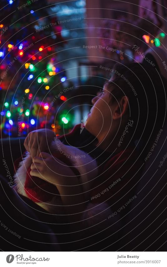 Kleiner Junge mit Autismus genießt die Weihnachtsbeleuchtung, während er eine flauschige Weihnachtsmannmütze hält Weihnachten Weihnachtsbaum Stubenschmuck Baum