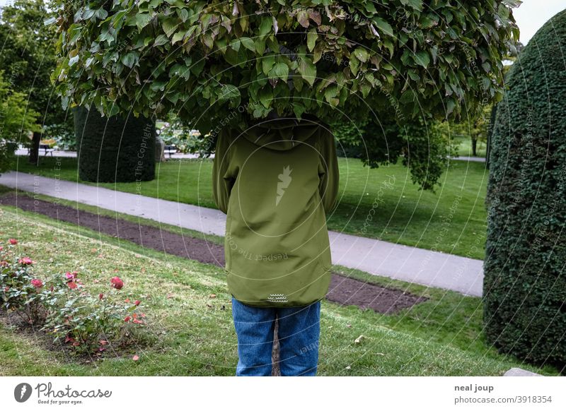 Kind versteckt sich in Baumkrone Natur Versteck verstecken Blätter skurril surreal Kopf grün Tarnung Spaß originell Außenaufnahme Freak Humor Ton in Ton