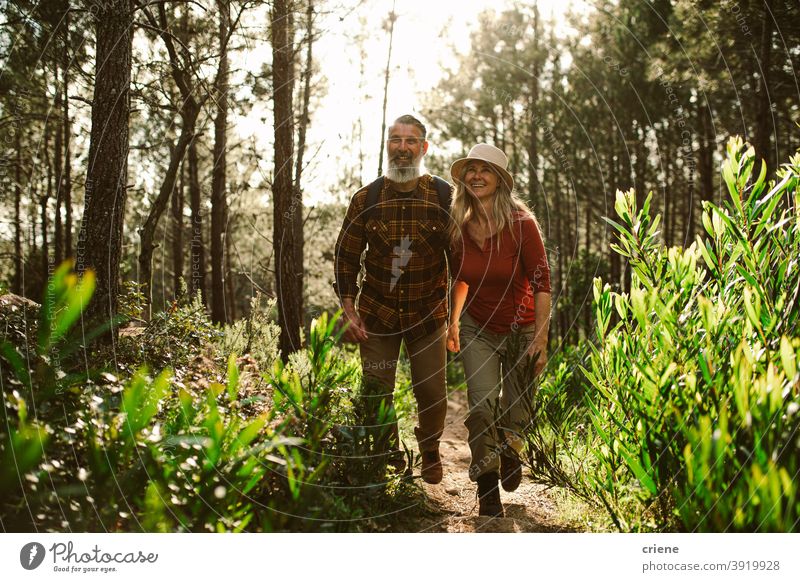 kaukasischen glücklich Senior Paar Wandern durch Wald am sonnigen Tag Zusammensein wandern Partnerschaft Ruhestand Abenteuer Spaß Glück Wohlbefinden laufen