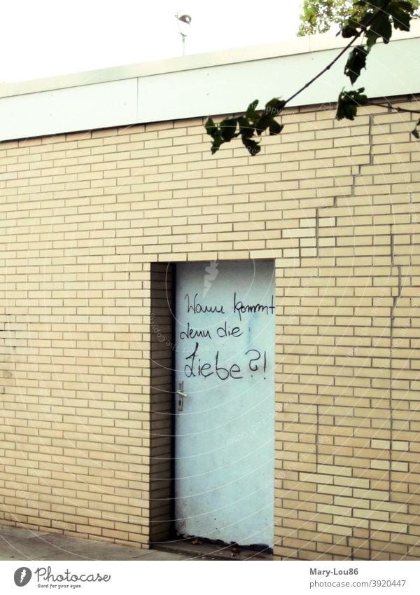 Tür mit Spruch "Wann kommt denn die Liebe?" Streetart Graffity Typografie Wand Mauer Urban Stadt Außenaufnahme Philosophie Verliebtheit verlieben Partnerschaft