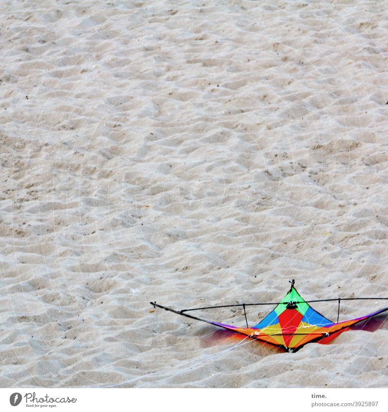 bunter Strandvogel drachen lenkdrachen strand liegen absturz notlandung sand spielzeug spielzeugdrachen Drachensport urlaub ferien freizeit
