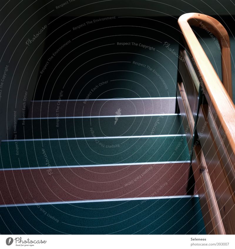 Farbmuster Mauer Wand Treppe Treppengeländer Holz Linie Ende Teppich Fußbodenbelag Bodenbelag Farbfoto Innenaufnahme Menschenleer Licht Schatten Kontrast