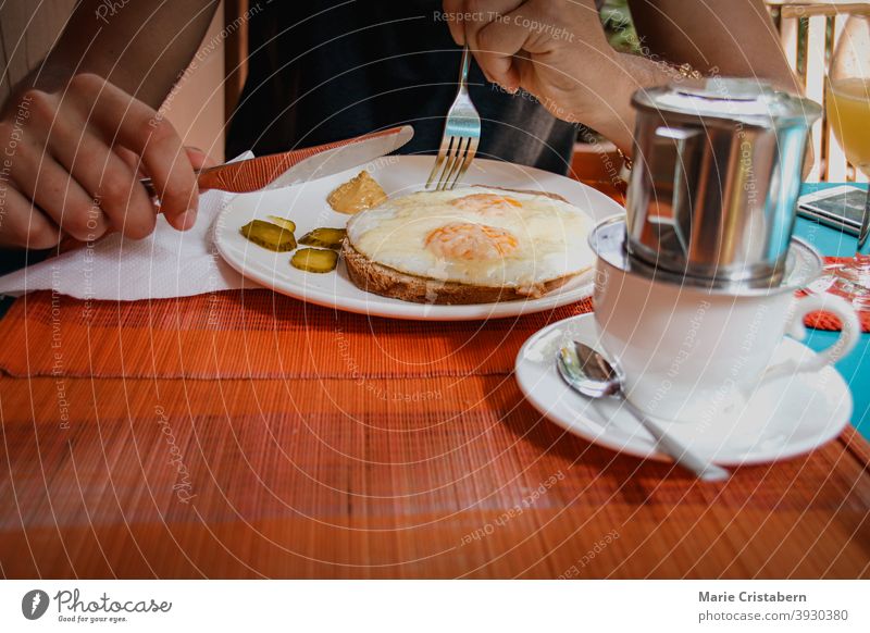 Eine Scheibe Graubrot mit Spiegeleiern, ein einfaches deutsches Frühstück graubrot deutsches Brot Kultur Morgen Tropfkaffee typisch gebacken lecker rustikal