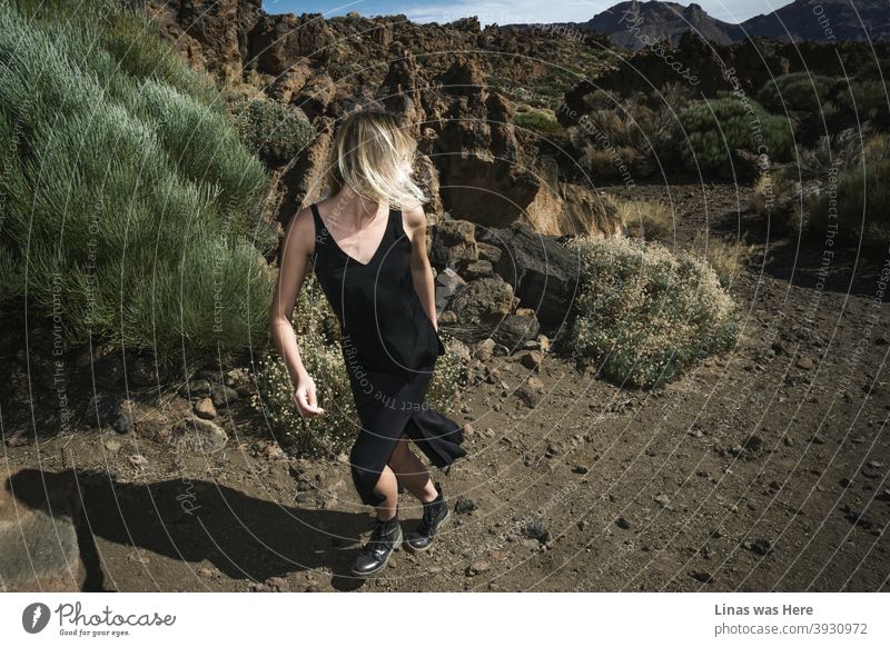 Ein verlorenes Mädchen läuft durch das unwegsame Gelände im Herzen von Teneriffa - die Vulkanfelder des Teide. Blondie im schwarzen Kleid hat es eilig, obwohl diese stimmungsvolle Landschaft doch leer zu sein scheint. Nur Felsen, Steine und Berge.