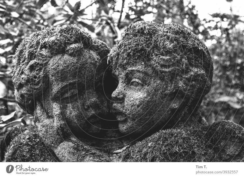Zwei Engel mit Moos s/w Friedhof Schwarzweißfoto b/w Architektur Detailaufnahme dunkel schwarz Außenaufnahme alt