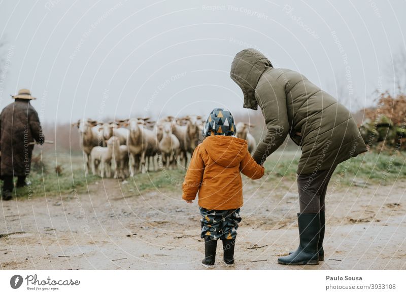 Mutter und Tochter beobachten Schafe Mutterschaft Kind reisen authentisch Winter Zusammensein Familie & Verwandtschaft Liebe Glück Lifestyle Kaukasier Frau