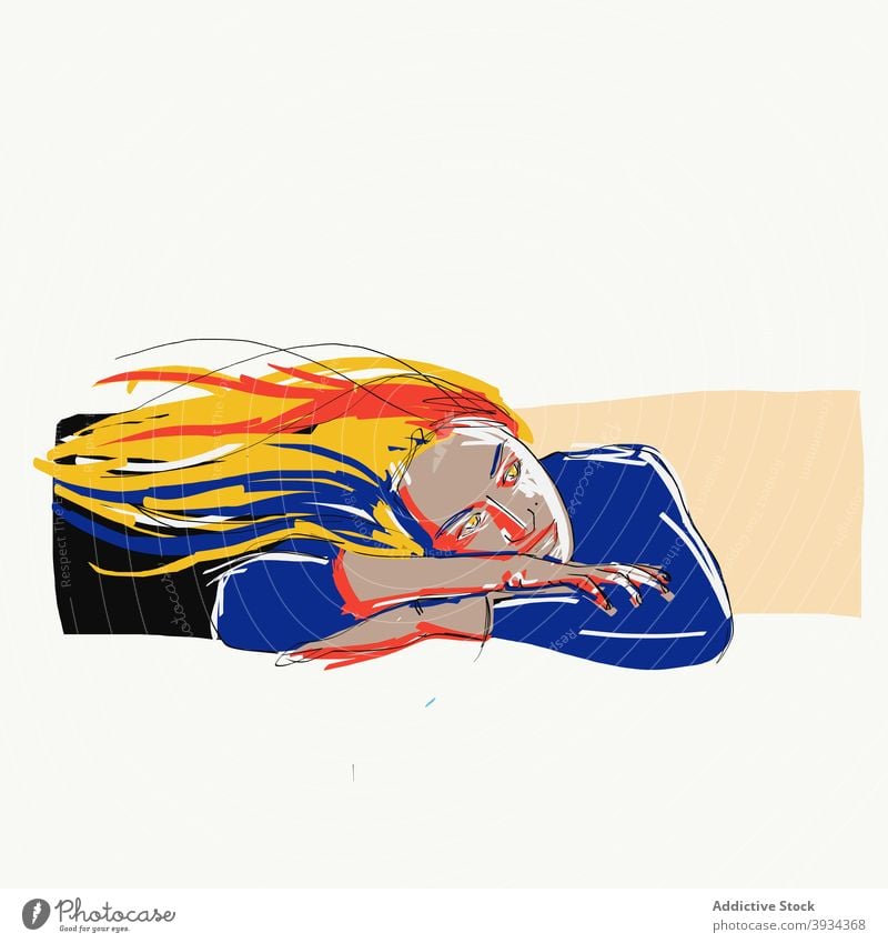 Illustration einer Frau mit wehendem Haar verträumt nachdenken träumen sich[Akk] entspannen Melancholie Stimmung wellenförmiges Haar Phantasie Design Element