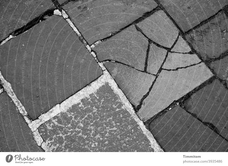 Reparaturen mit Fingerspitzengefühl Steinplatten Fugen Risse repariert grau Schwarzweißfoto Linien Menschenleer Platz