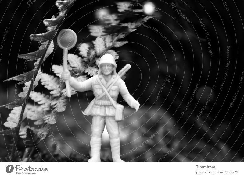 Der Sucher ist noch auf der Suche durchsuchend Jäger Spielzeug Kunststoff Wurmfarn Garten Schmetterlingsnetz Außenaufnahme Schwarzweißfoto