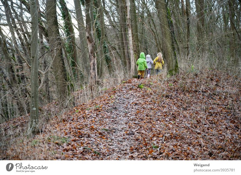 Kinder auf Wanderung Wald Kindererziehung drei Familie Geschwister entdecken Herbst Winter Wege & Pfade