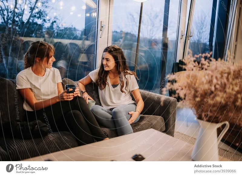Zufriedene Frauen, die sich auf dem Sofa zu Hause miteinander unterhalten reden Freund sich[Akk] entspannen heimwärts Gespräch Wochenende heiter Kälte