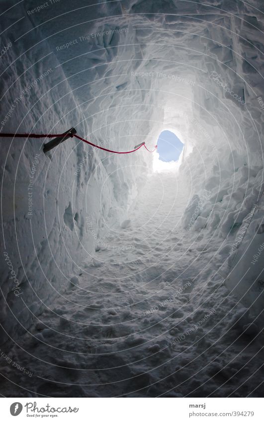 Ich will rrrraus! Ausflug Expedition Winter Schnee wandern Höhlenwanderung Eis Frost Schlucht Seil Handlaufseil dunkel einfach kalt grau weiß Schneehöhle