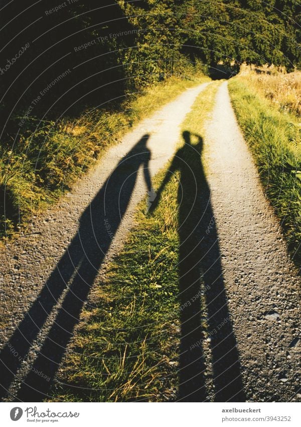 Schatten eines Händchenhaltenden Pärchens auf Feldweg Paar Spaziergang Liebe Romantik romantisch Weg Freizeit Park Fußweg Mann Frau Silhouette Natur Abendsonne