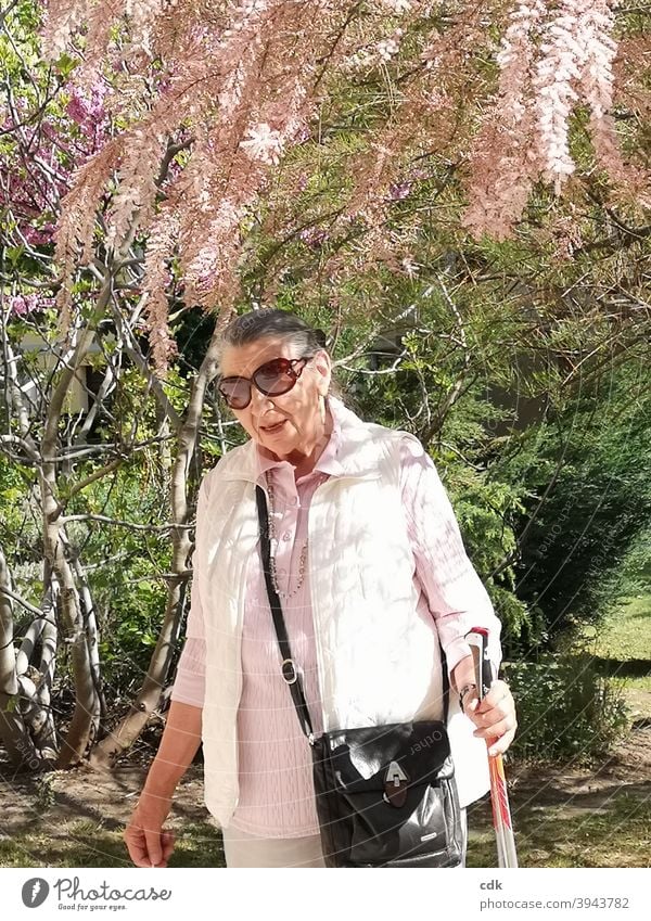 frühlingshaft | die Tamariske blüht | eine Seniorin spaziert im Sonnenlicht. Frau Mensch 80+ spazieren Spaziergang Sonnenschein Frühling blühen blühender Baum