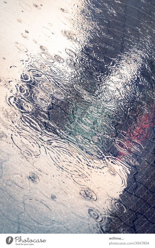 Regensymphonie Regenwetter Pfütze Ringe Kreise nass Wasser Herbst Reflexion & Spiegelung schlechtes Wetter Straße Wassertropfen verträumt Ästhetik Gehweg