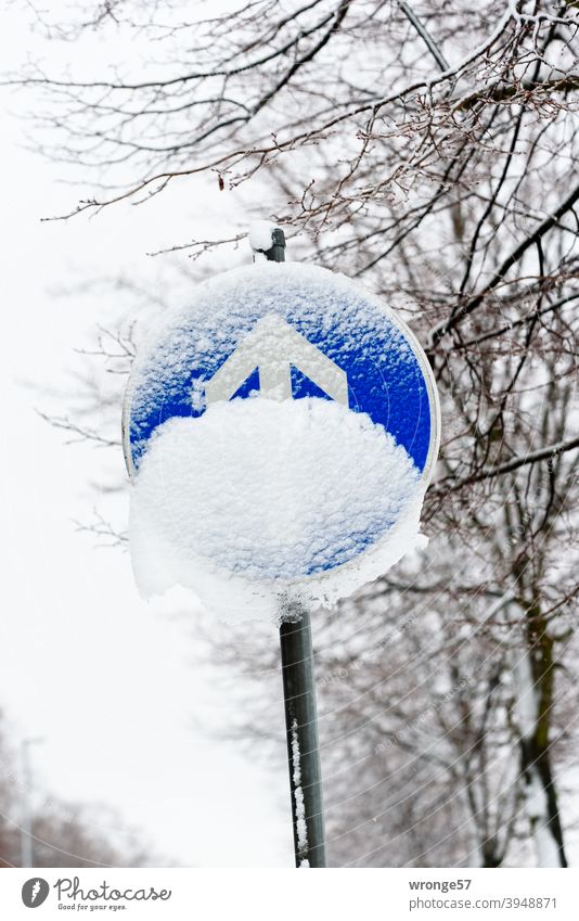 Verkehrszeichen vorgeschriebene Fahrtrichtung geradeaus  (Verkehrsschild Nr. 209-30) teilweise mit Schnee bedeckt schneebedeckt teilweise schneebedeckt Winter