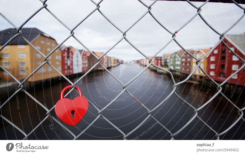 Liebesschloss, Herzvorhängeschloss am Brückenzaun in Trondheim Schloss Vorhängeschloss Zaun Fluss für immer Partnerschaft Paar Flitterwochen Romantik reisen