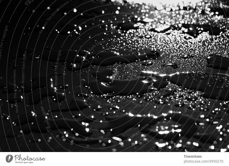 Regenwasser auf Tischoberfläche Wasser nass Oberfläche Tropfen Wasseroberfläche glänzend schwarz dunkel Licht Wassertropfen Reflexion & Spiegelung
