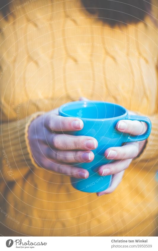 Türkis Kaffeebecher, gehalten von den Händen einer jungen Frau im gelben Zopfpullover Heißgetränk Getränk Kaffeetasse Kaffeepause festhalten wärmend Tasse