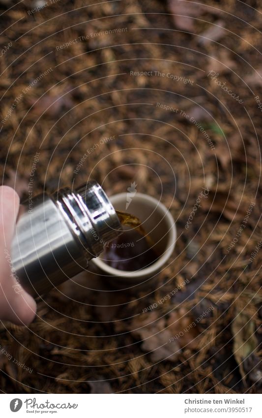 Pause im Wald. Ein Becher steht auf dem Waldboden, dieser ist mit braunen Herbstblättern bedeckt. Aus einer silbrigen Thermosflasche wird Tee / Kaffee eingegossen.