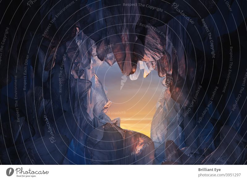 Eishöhle im Abendlicht 3d abstrakt arktische Hintergrund blau Höhle Klettern kalt bedeckt Kristalle Tageslicht Frost gefroren Gletscher Gletscherhöhle Golfloch