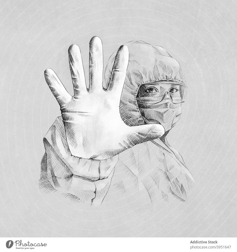 Anonymer Arzt zeigt Stopp-Geste während COVID 19 Person Coronavirus stoppen gestikulieren Pandemie behüten Konzept soziale Distanzierung ansteckend