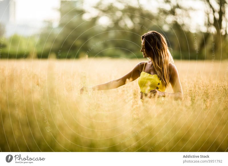Frau, die im Sommer im Feld spazieren geht Spaziergang ruhig sorgenfrei berühren Gras Park Wiese salburua Vitoria Gasteiz Spanien Natur Wochenende Windstille