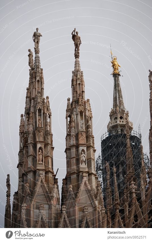 Filigrane Spitzen und Türmchen mit Stuckarbeiten und Figuren auf dem Dach des Mailänder Domes. Himmel grau Turm Kunstwerk Baukunst Kirche Baustil Gotik gotisch