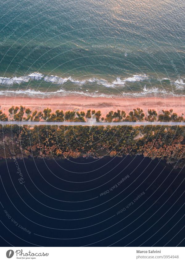 Drohnenansicht einer Straße, die entlang der Küstenlinie zwischen dem Meer und einem See verläuft Dröhnen oben Vogelperspektive Düne Strand Bäume Natur MEER