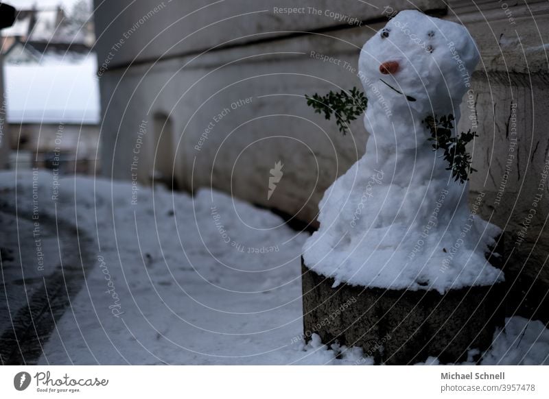 Schneemann auf einem Pflanzring an einer Hauswand Winter kalt weiß Außenaufnahme Spielen Frost