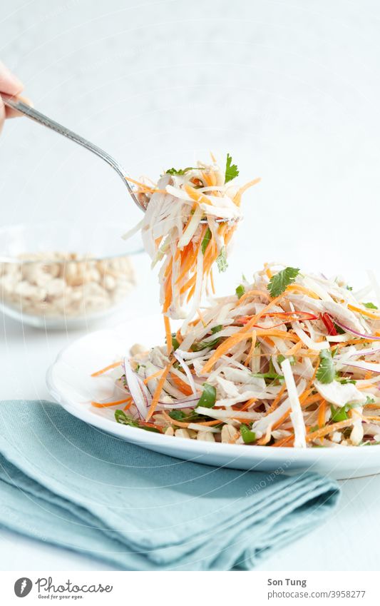 Hähnchensalat mit Karotte und verschiedenem Gemüse Vietnamesen Essen zubereiten Salatbeilage weiß Licht Fleisch Gesundheit Möhre Koriander