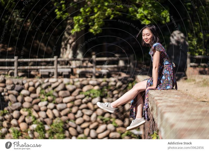 Lächelnde ethnische Frau sitzt auf Brücke im Sommer Wald Urlaub sorgenfrei heiter gealtert Wahrzeichen asiatisch daping rote Brücke Taiwan sich[Akk] entspannen